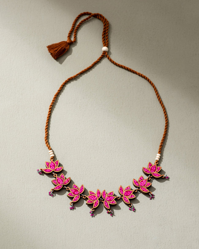 WHE Pink Pure Georgette Bandhani Repurposed Fabric and Wood Statement Choker Lotus Necklace