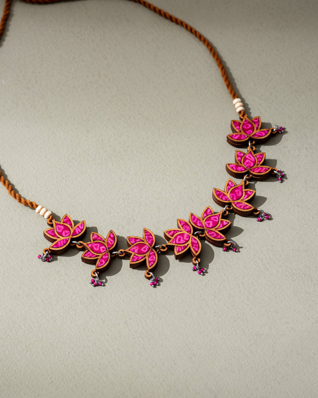 WHE Pink Pure Georgette Bandhani Repurposed Fabric and Wood Statement Choker Lotus Necklace