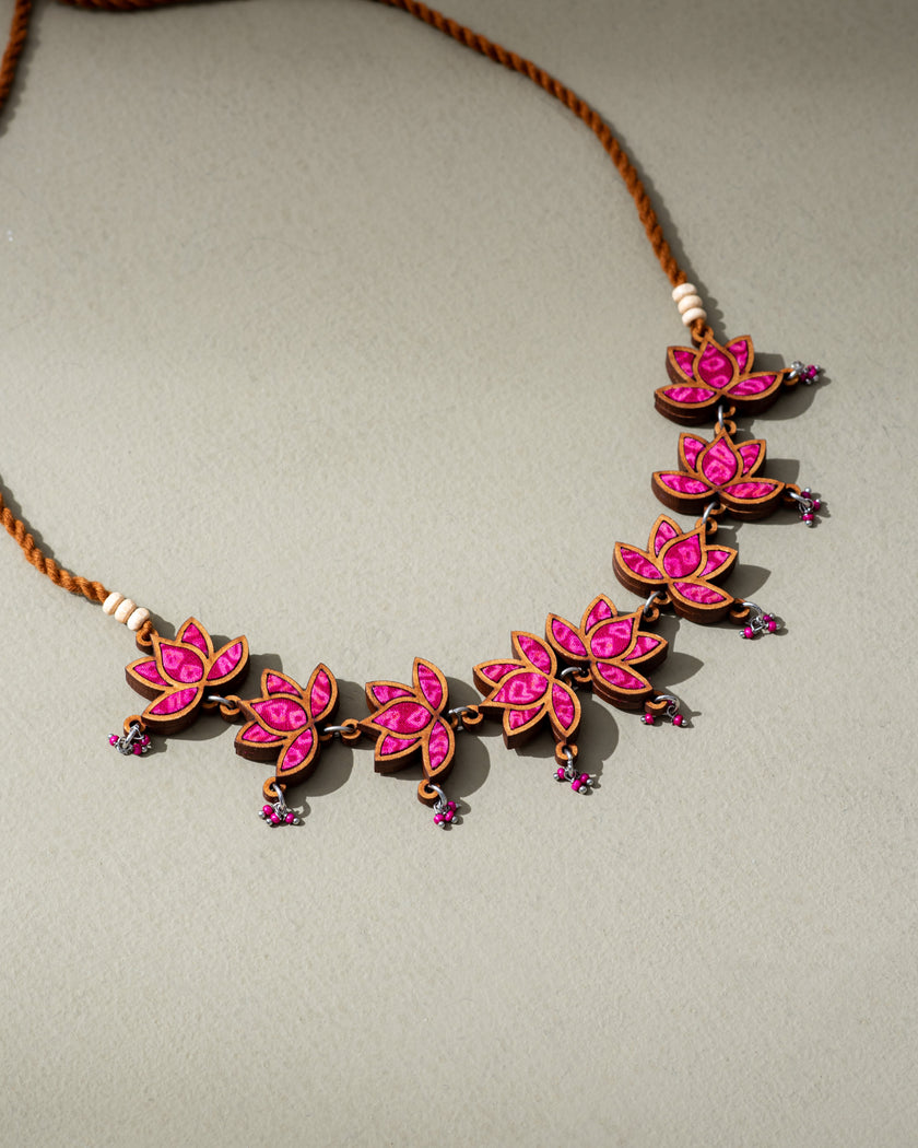 WHE Pink Pure Georgette Bandhani Repurposed Fabric and Wood Statement Choker Lotus Necklace