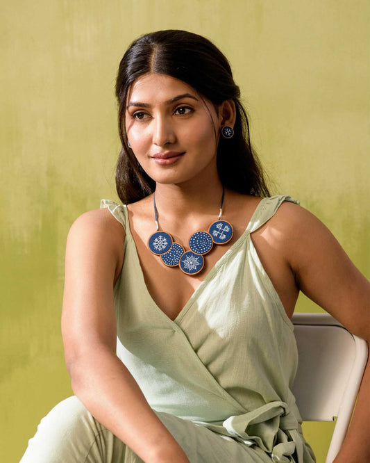 WHE Hand Painted Connected Circle Repurposed Fabric and Wood Necklace