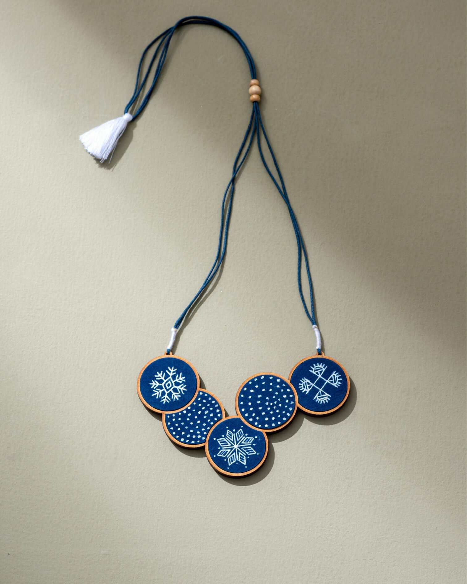 WHE Hand Painted Connected Circle Repurposed Fabric and Wood Necklace