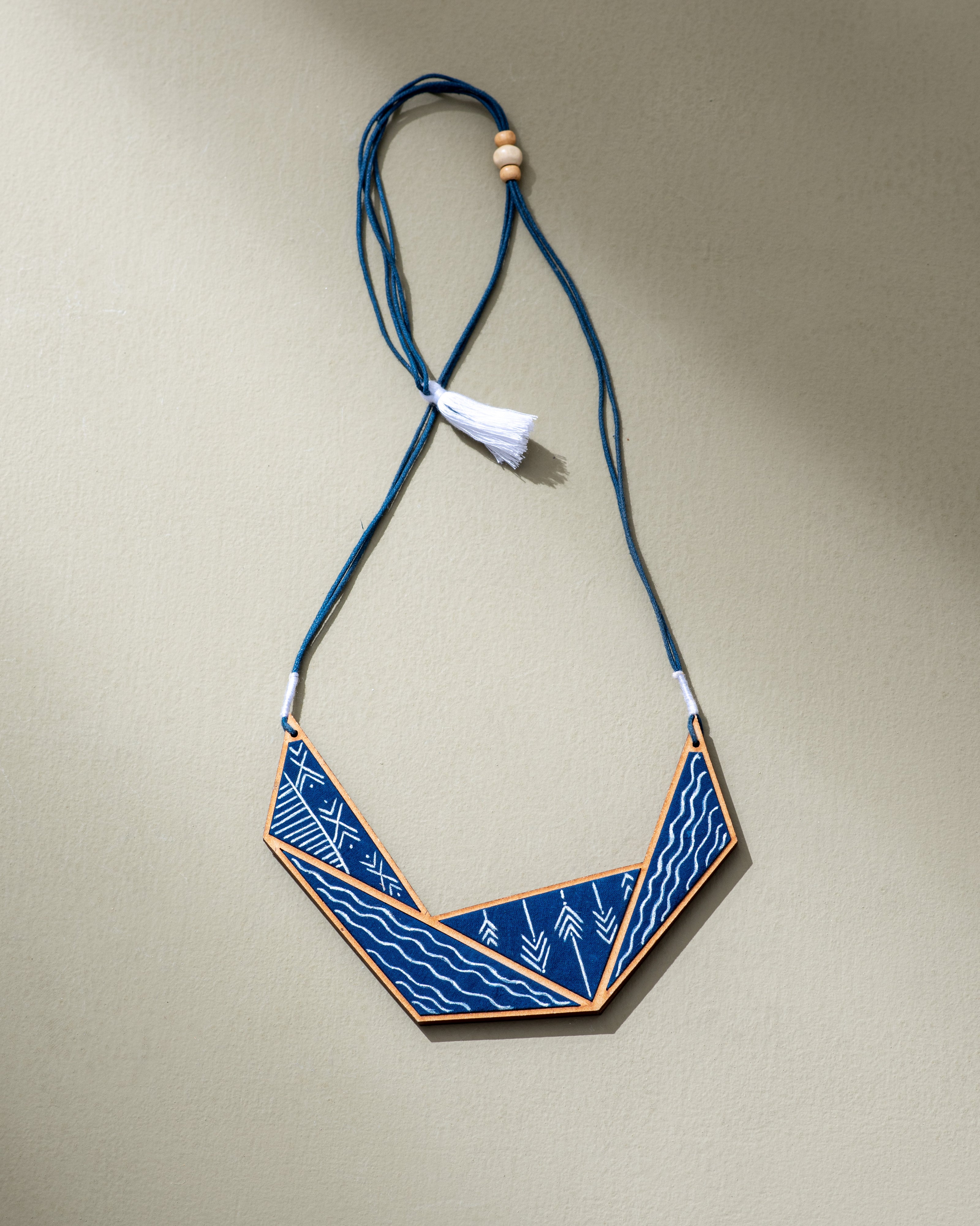 WHE Hand Painted Blue Connecting Triangle Repurposed Fabric and Wood Necklace