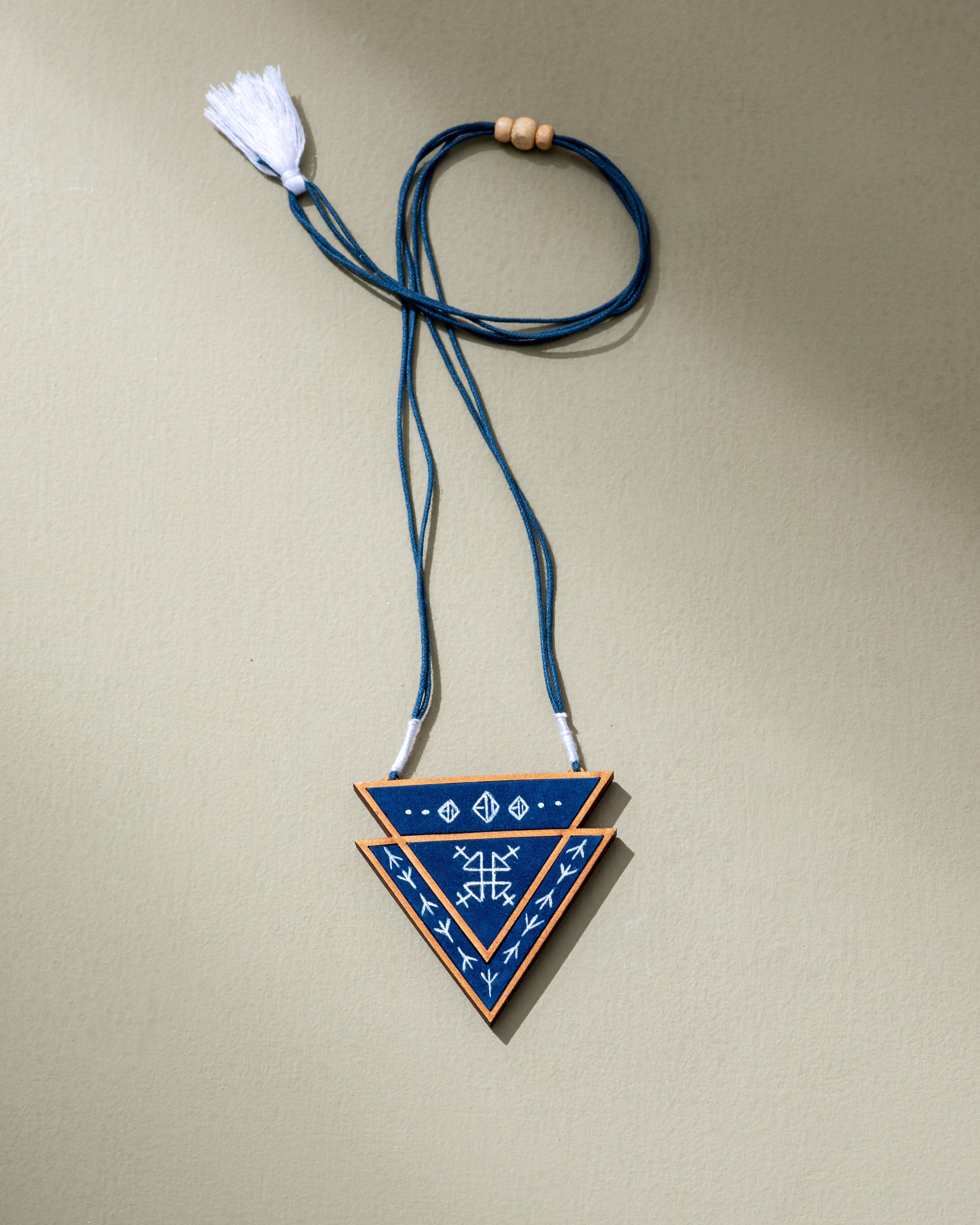 WHE Hand Painted Blue Repurposed Fabric and Wood Triangular Necklace