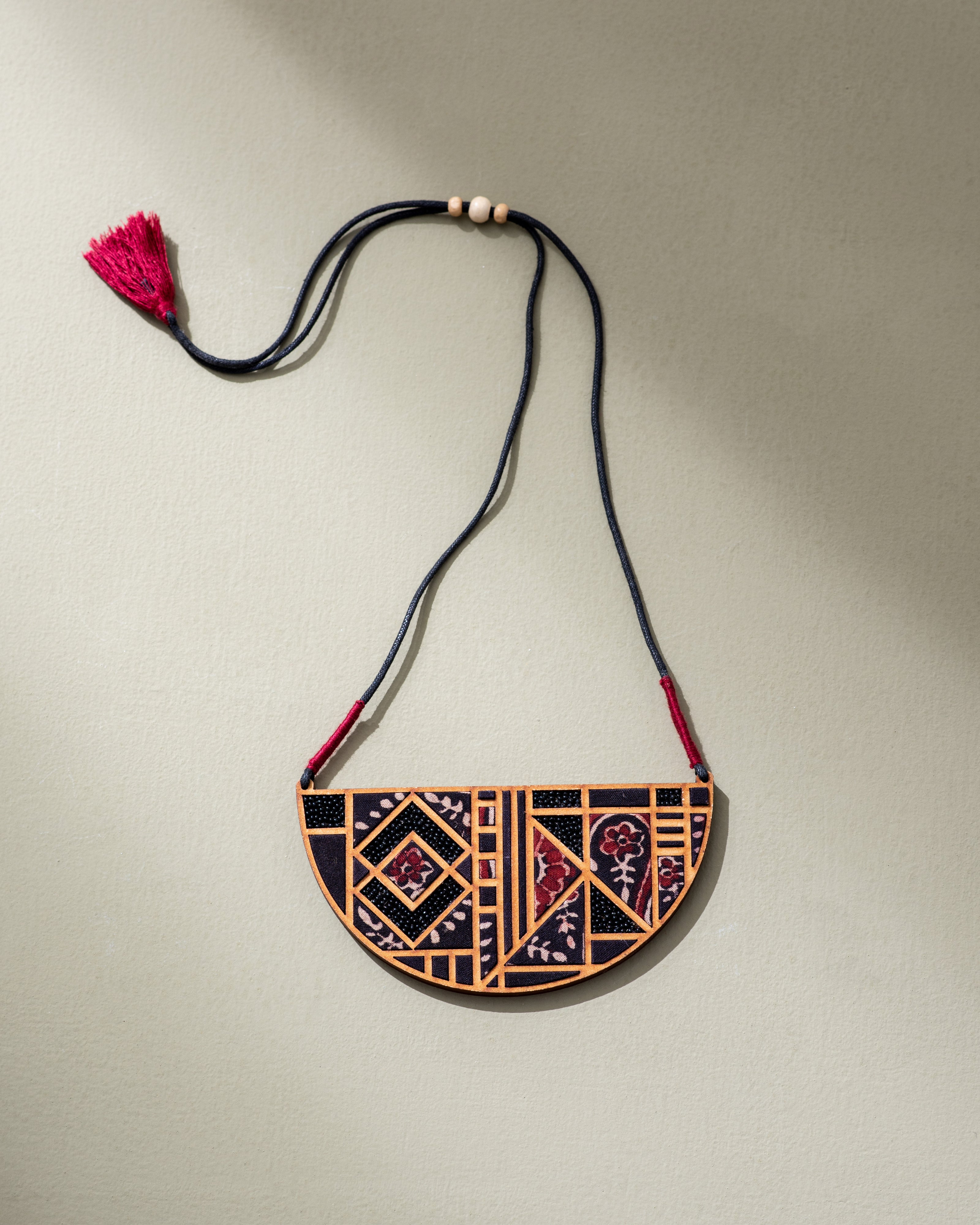 WHE Black Repurposed Ajrakh Fabric and Repurposed Wood Maze Necklace