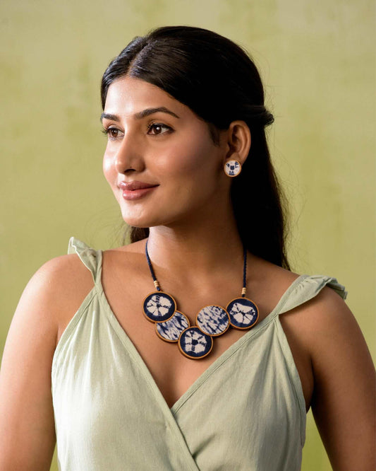 WHE Tie and Dye Blue Connected Circle Repurposed Fabric and Wood Necklace