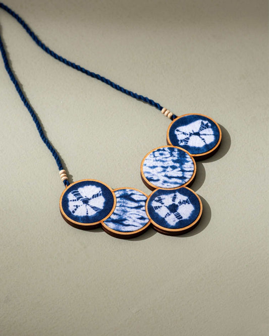 WHE Tie and Dye Blue Connected Circle Repurposed Fabric and Wood Necklace