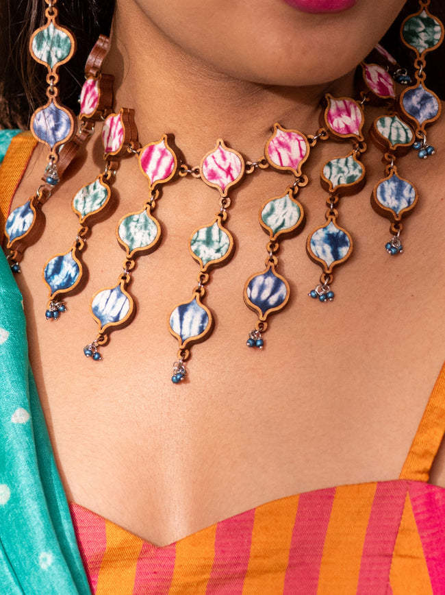 WHE Handcrafted Multicolor Tie and Dye Repurposed Wood and Fabric Statement Necklace
