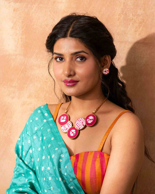 WHE Tie and Dye Pink Connected Circle Repurposed Fabric and Wood Necklace