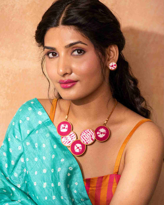 WHE Tie and Dye Pink Connected Circle Repurposed Fabric and Wood Necklace