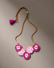 WHE Tie and Dye Pink Connected Circle Repurposed Fabric and Wood Necklace