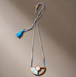 WHE Blue and White Geometrical Repurposed Fabric and Wood Adjustable Pendant Necklace