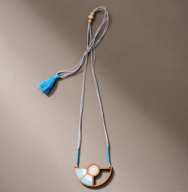 WHE Blue and White Geometrical Repurposed Fabric and Wood Adjustable Pendant Necklace