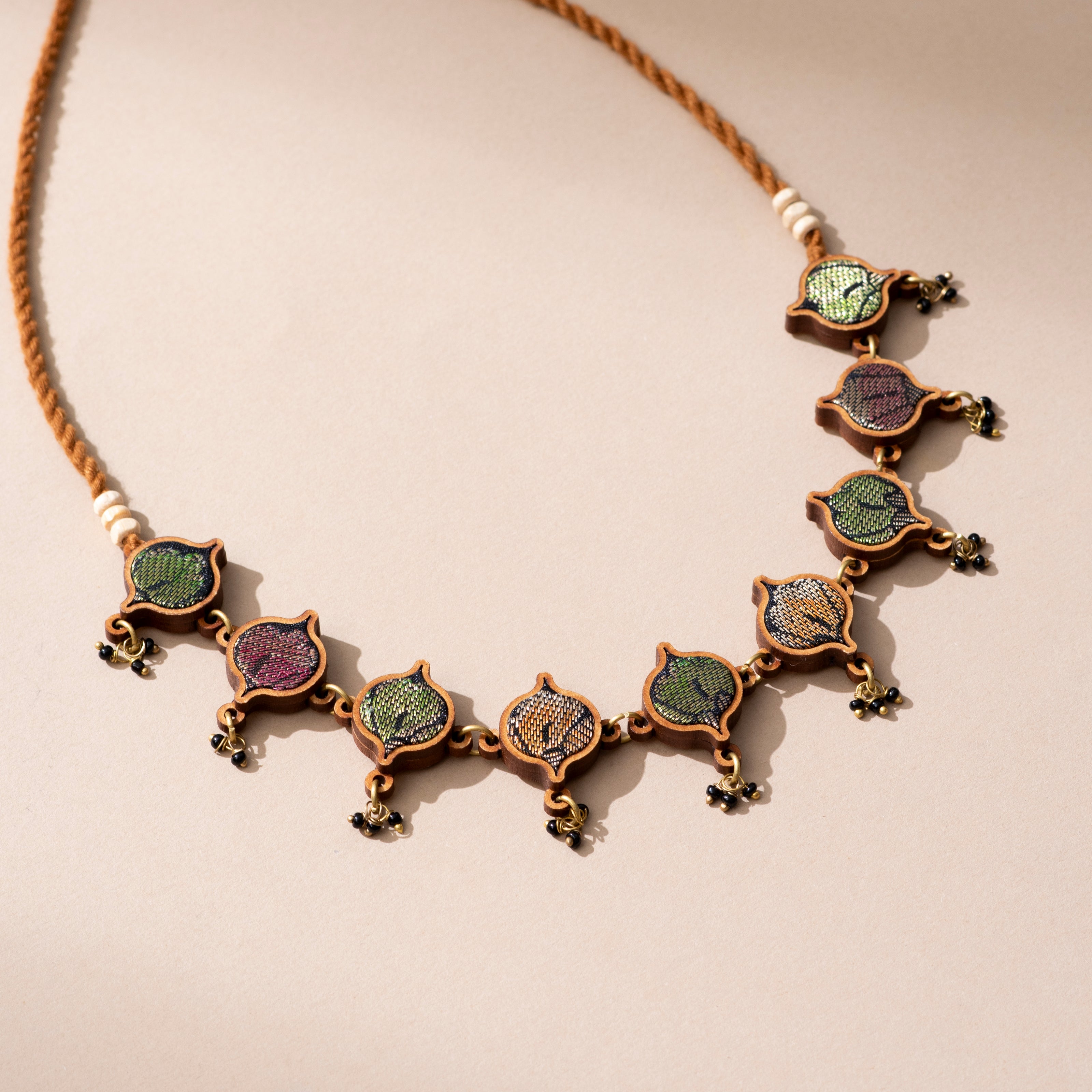 WHE Multicolor Festive Repurposed Fabric and Wood Choker Necklace