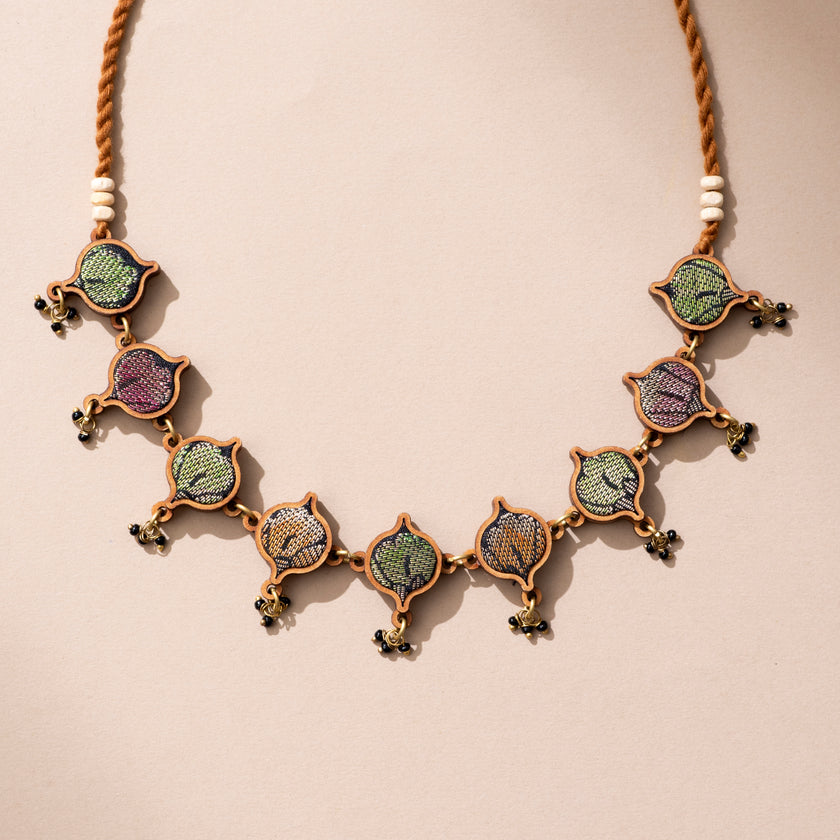 WHE Multicolor Festive Repurposed Fabric and Wood Choker Necklace