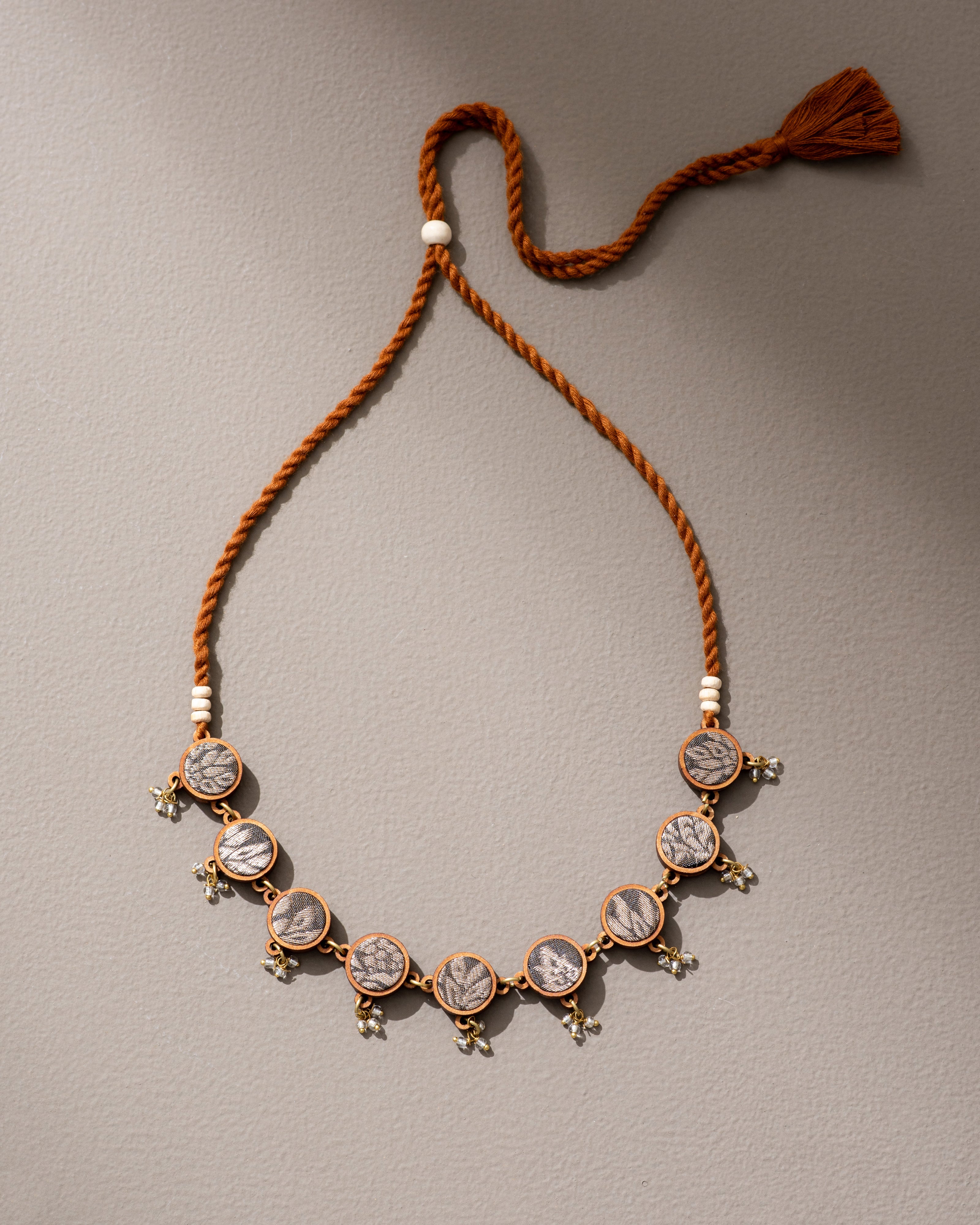 WHE Brocade Festive Repurposed Fabric and Wood Adjustable Choker Necklace