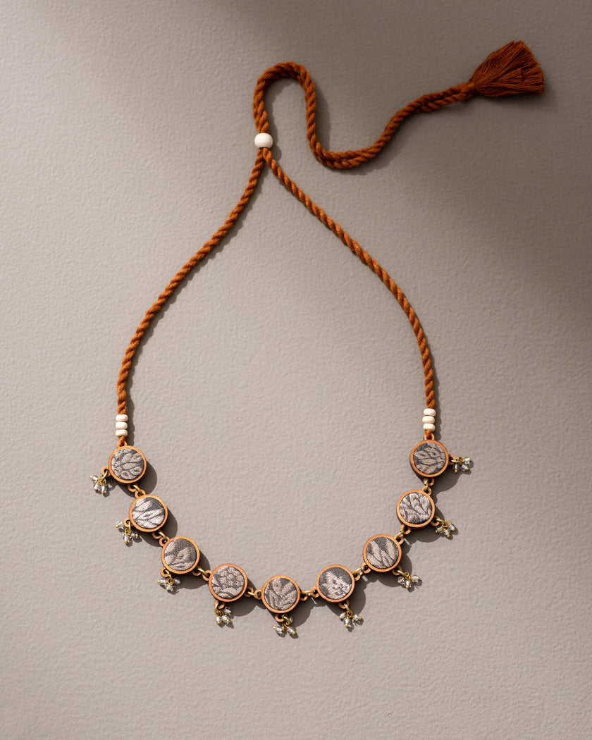 WHE Brocade Festive Repurposed Fabric and Wood Adjustable Choker Necklace
