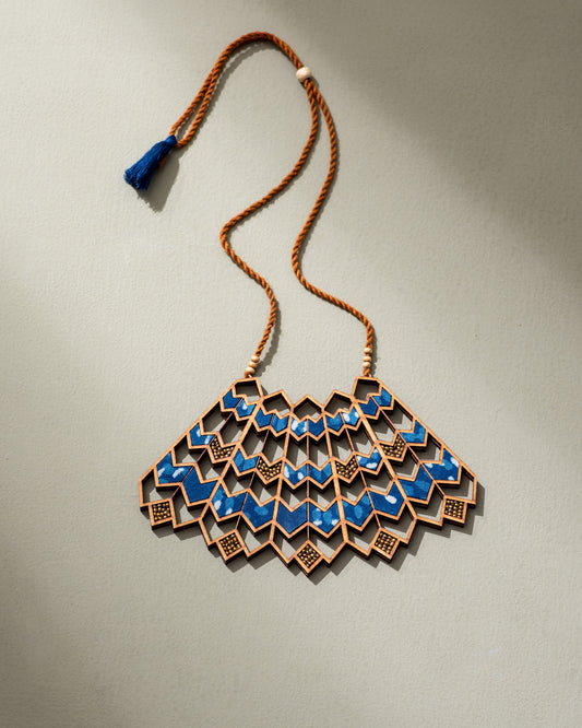 WHE Blue Wave Pattern Kalamkari Repurposed Fabric and Wood Necklace
