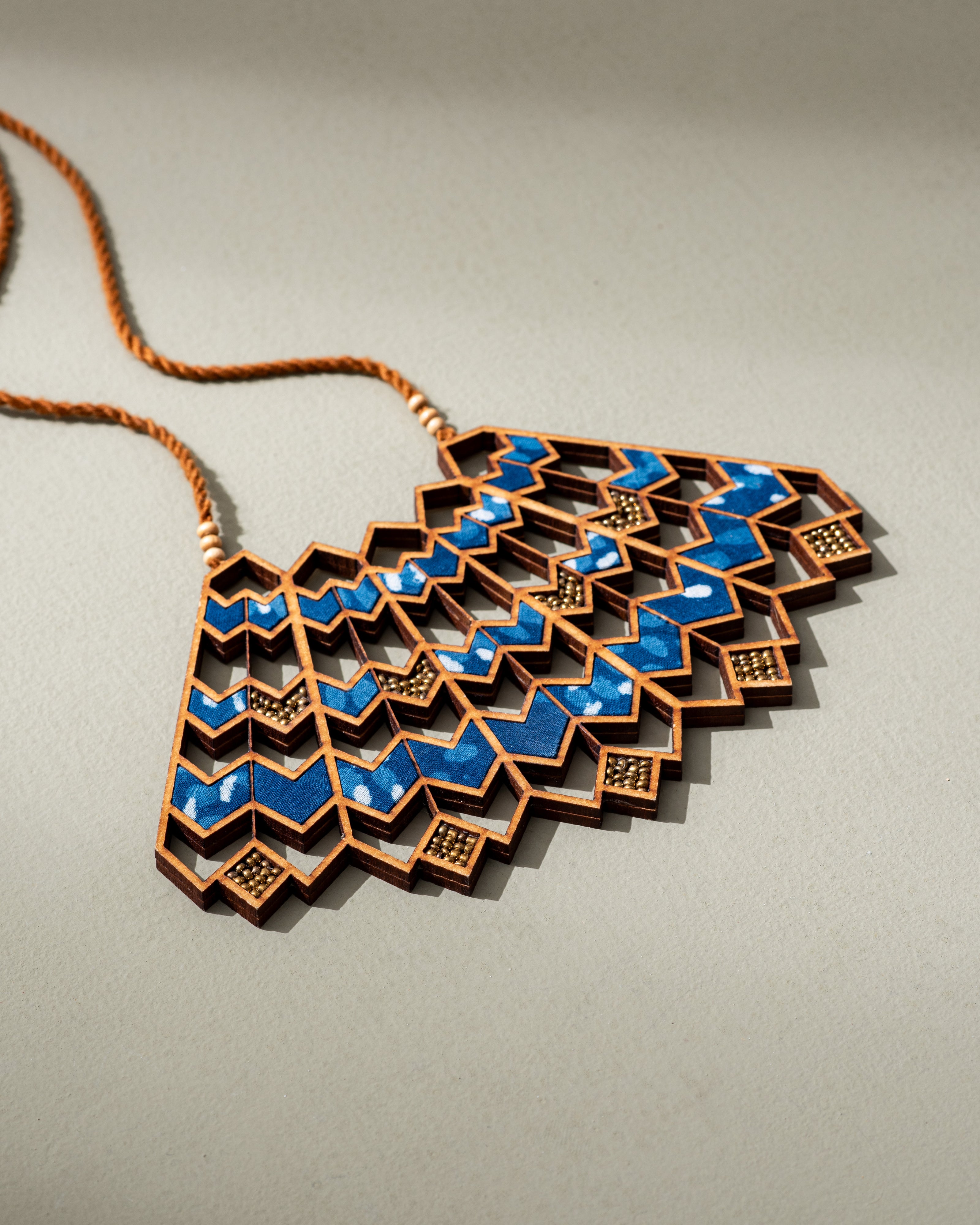 WHE Blue Wave Pattern Kalamkari Repurposed Fabric and Wood Necklace