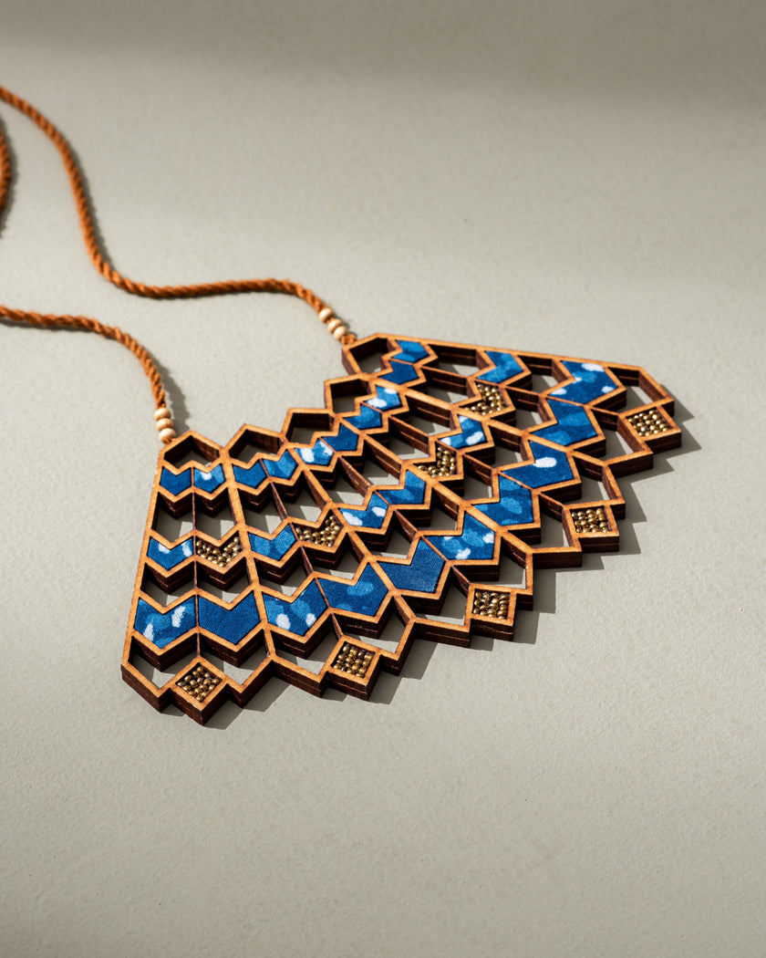 WHE Blue Wave Pattern Kalamkari Repurposed Fabric and Wood Necklace