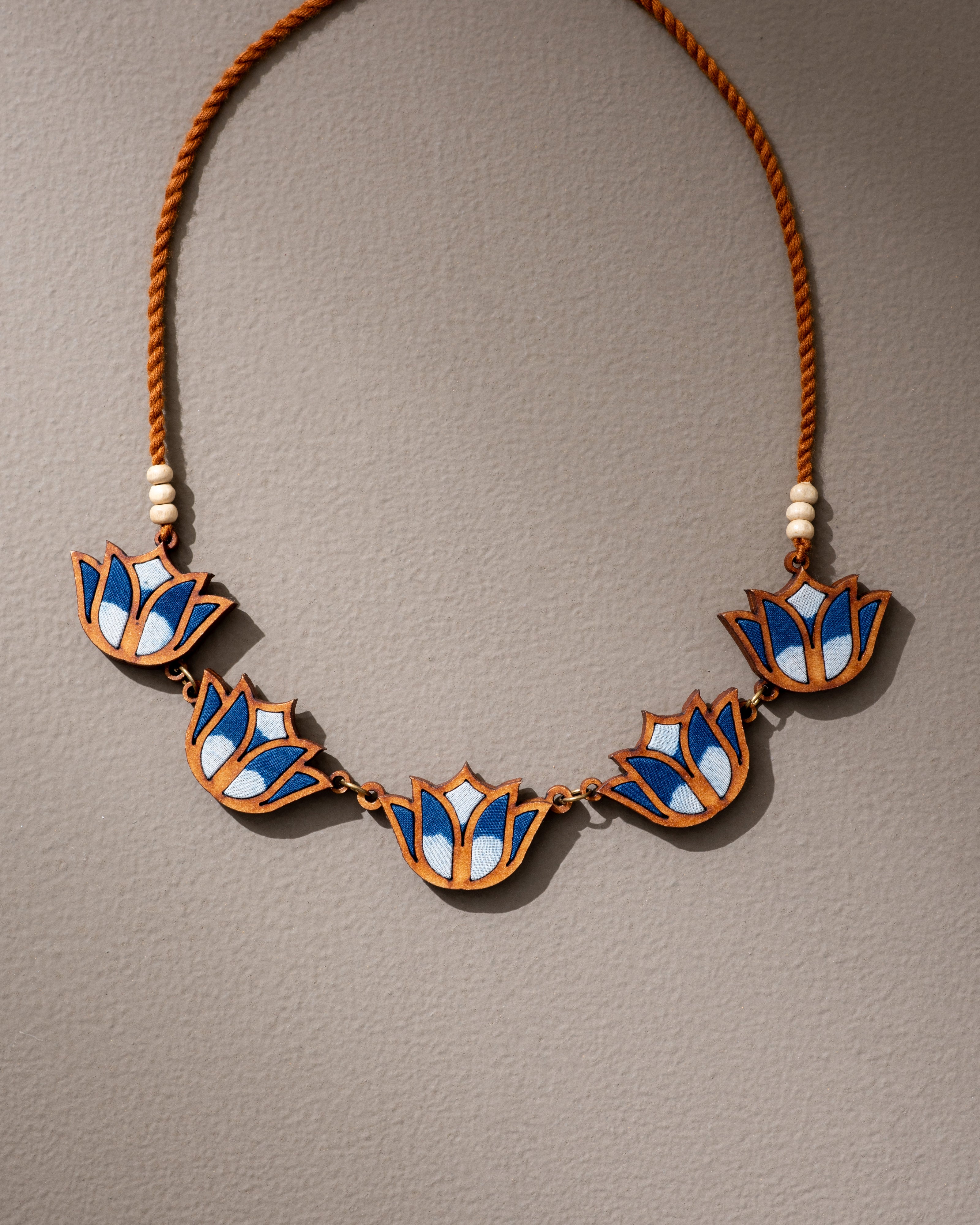 WHE Indigo Bloom Lotus Repurposed Fabric and Wood Necklace