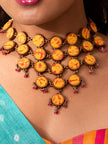 WHE Handcrafted Yellow Orange Tie and Dye Repurposed Wood and Fabric Choker Necklace