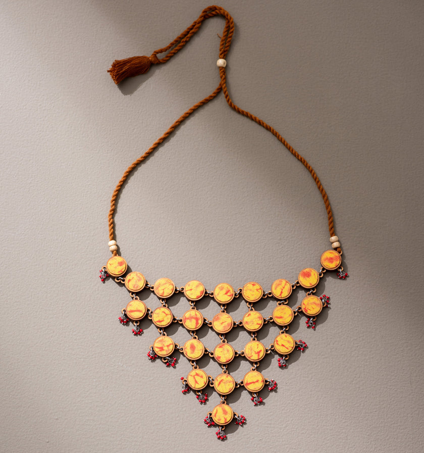 WHE Handcrafted Yellow Orange Tie and Dye Repurposed Wood and Fabric Choker Necklace