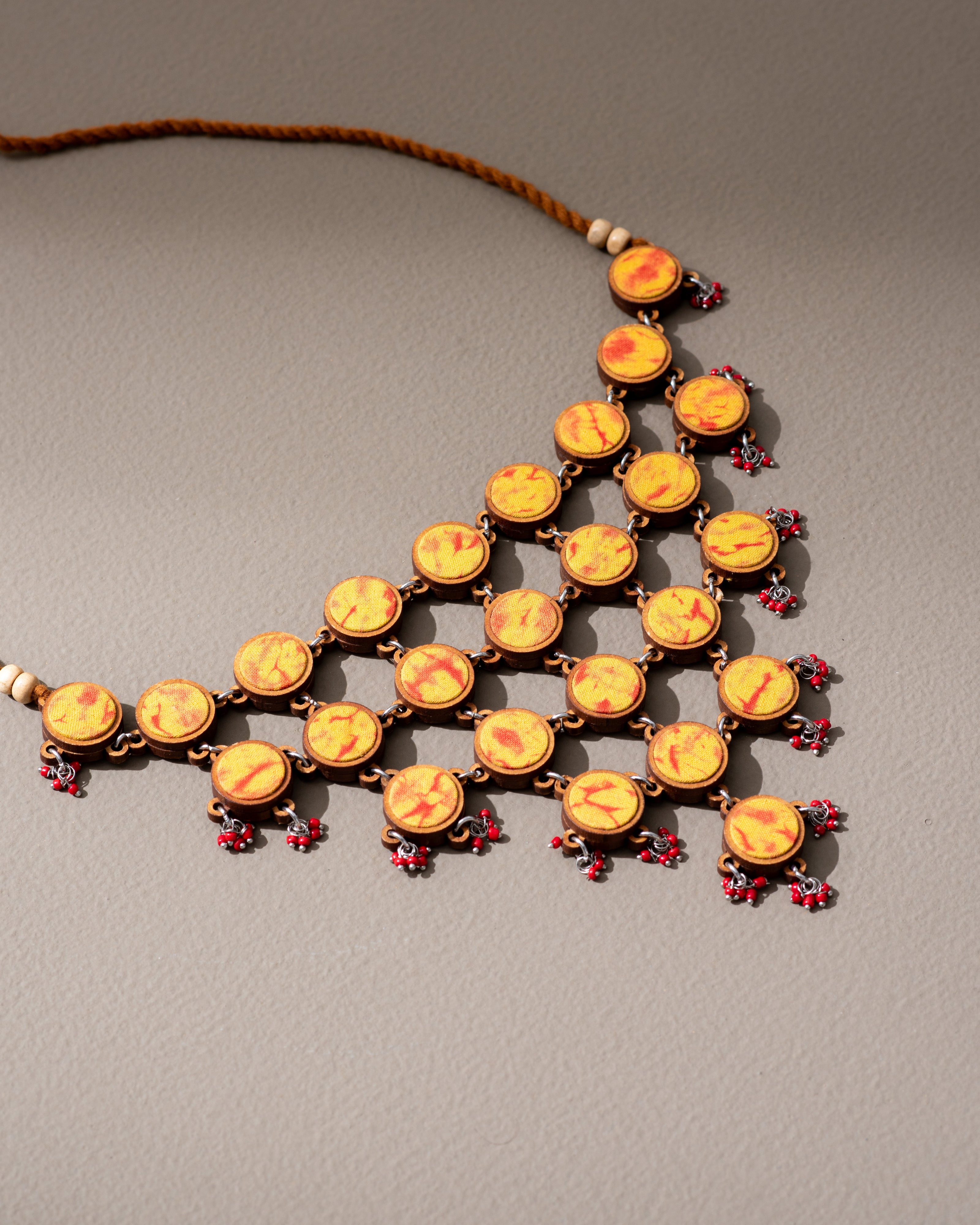 WHE Handcrafted Yellow Orange Tie and Dye Repurposed Wood and Fabric Choker Necklace