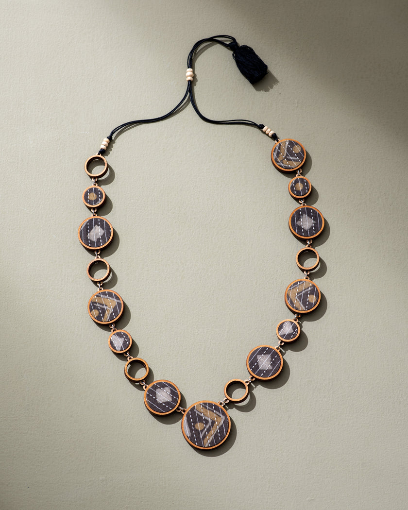 WHE Reversible 2-In-1 Blue Brown Repurposed Fabric and Wood Necklace