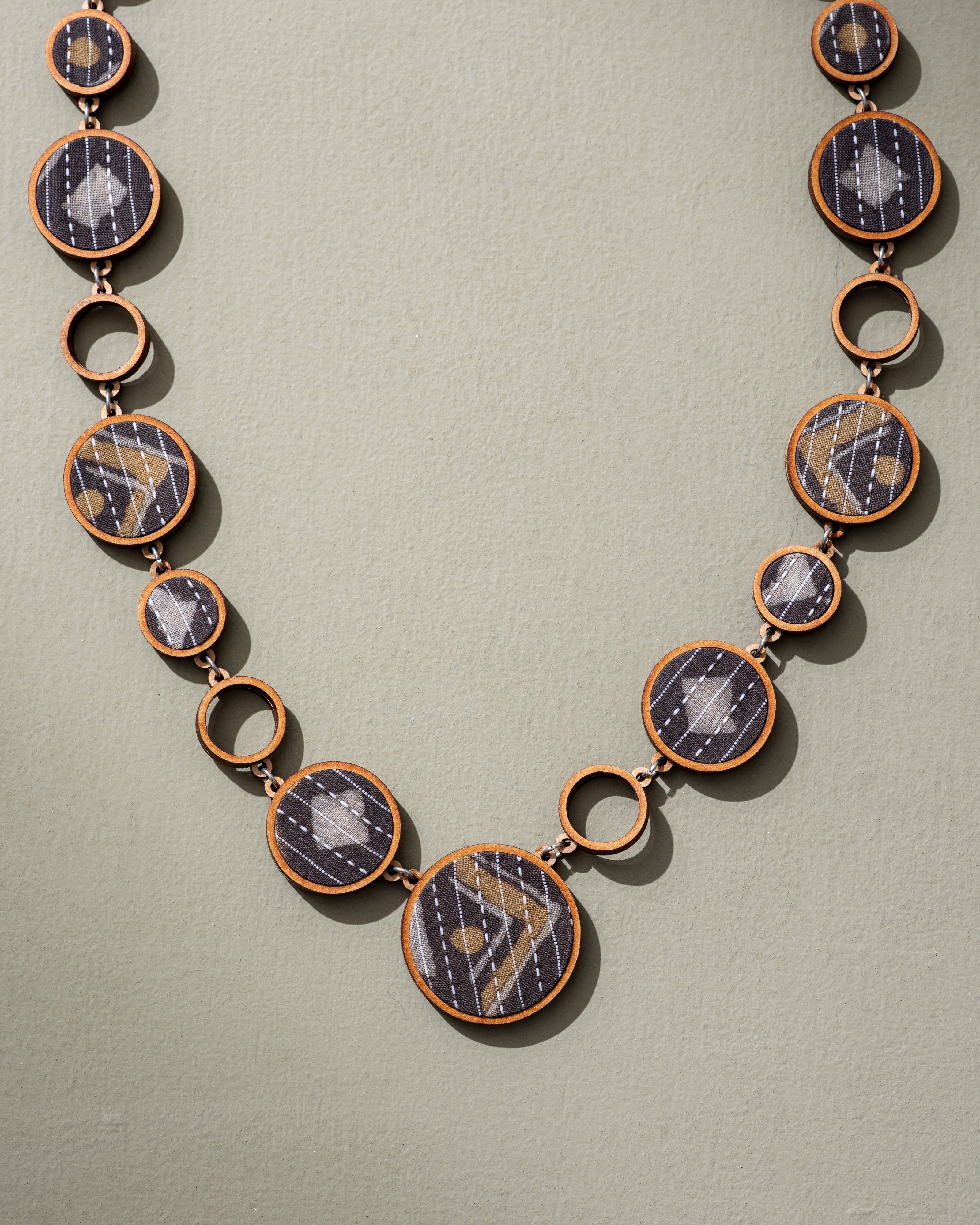 WHE Reversible 2-In-1 Blue Brown Repurposed Fabric and Wood Necklace