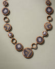 WHE Reversible 2-In-1 Blue Brown Repurposed Fabric and Wood Necklace