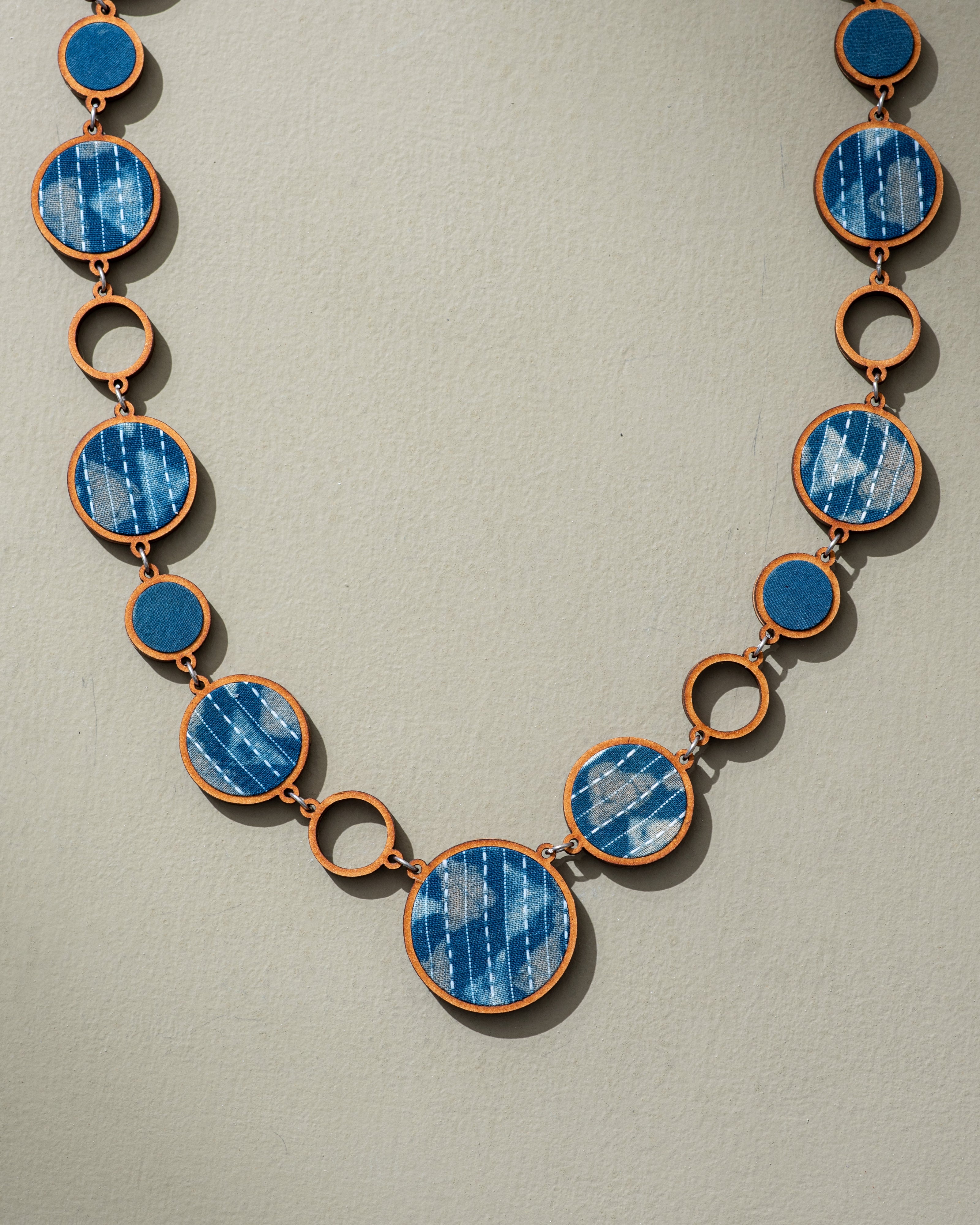 WHE Reversible 2-In-1 Blue Brown Repurposed Fabric and Wood Necklace