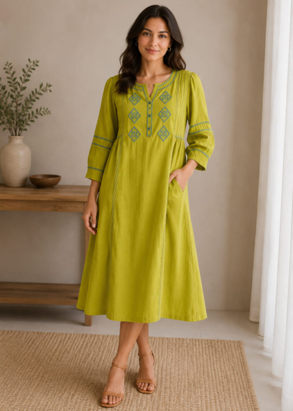 Green Hand Embroidered Cotton Kurta with Elegant Pintuck Detailing