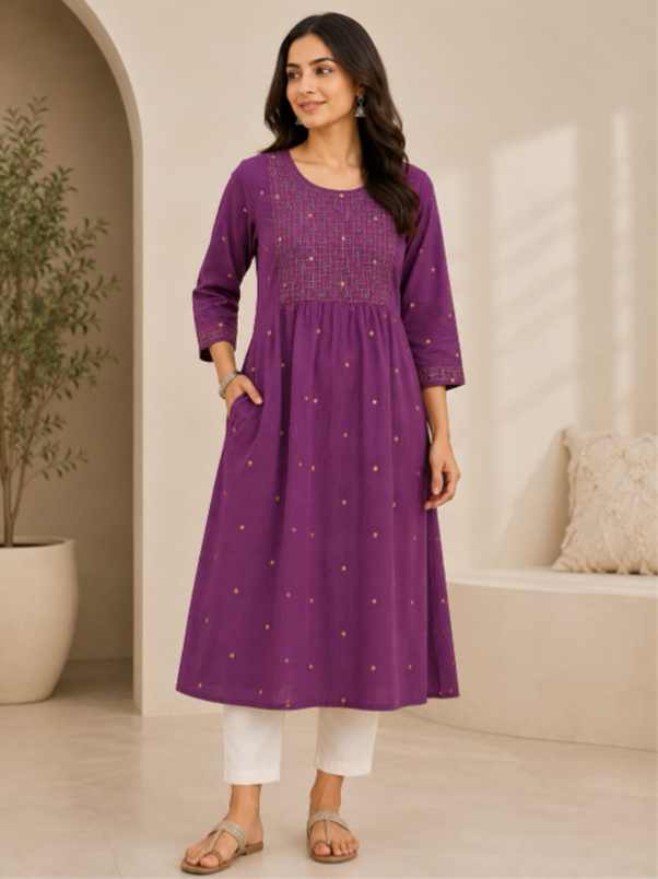 Purple Hand Embroidered Cotton Kurta