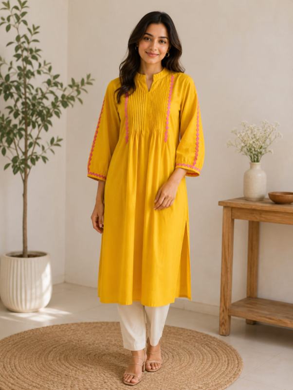 Yellow Hand Embroidered Cotton Kurta with Applique Work & Pintuck Design