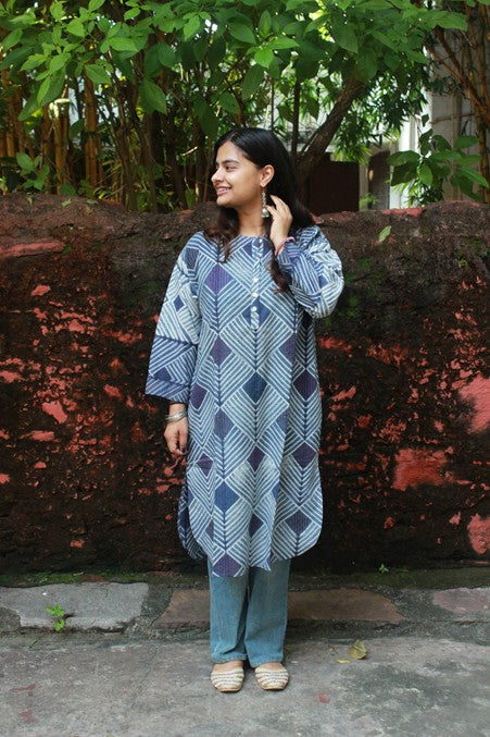 Indigo Hand Emroidered Tanka Shibori Cotton Kurta