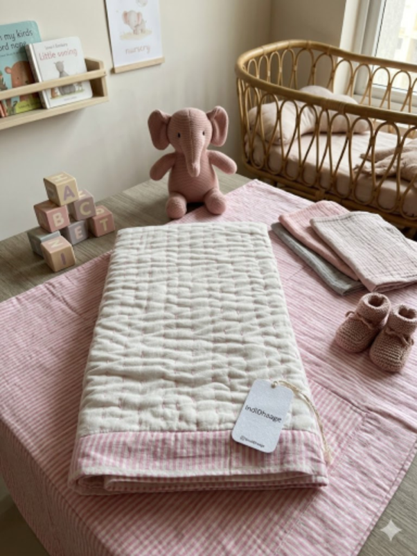 Handcrafted Pink Kantha Lightweight Nursery Quilt, Blanket