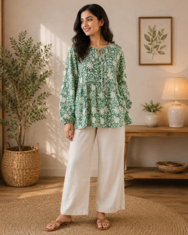 Green Floral Handblock Printed Cotton Top