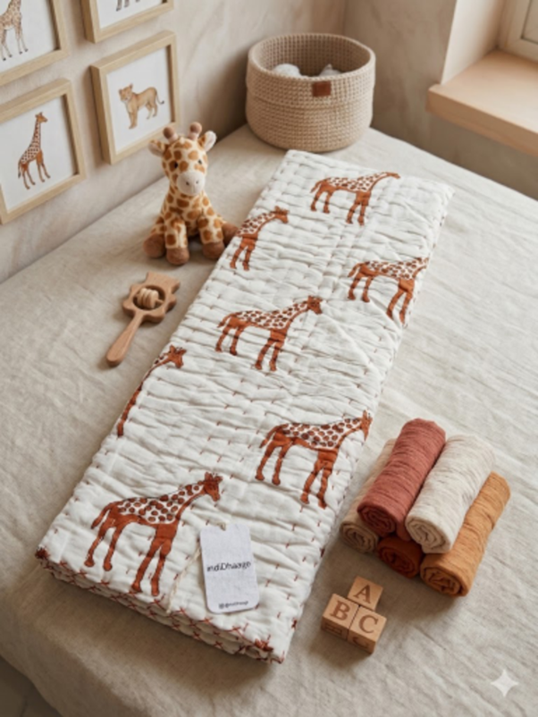 Handcrafted Giraffe Kantha Lightweight Nursery Quilt, Blanket