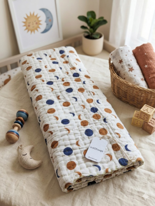Handcrafted Sun & Moon Kantha Lightweight Nursery Quilt, Blanket