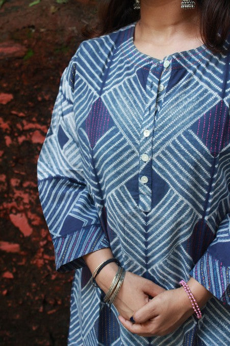 Indigo Hand Emroidered Tanka Shibori Cotton Kurta