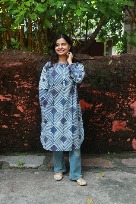 Indigo Hand Emroidered Tanka Shibori Cotton Kurta