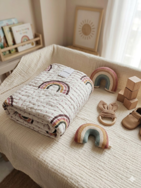 Handcrafted Rainbow Print Kantha Lightweight Nursery Quilt, Blanket