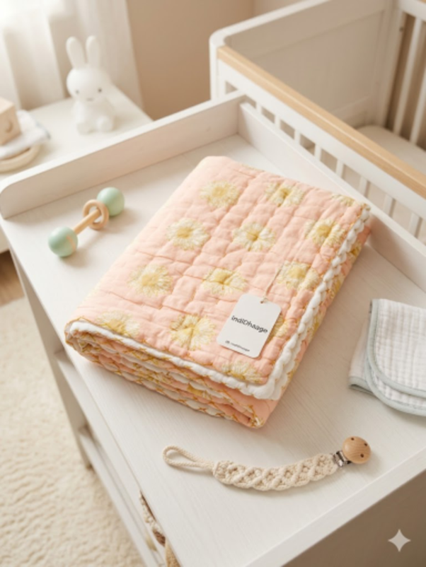 Handcrafted Pink Floral Lightweight Nursery Quilt, Blanket