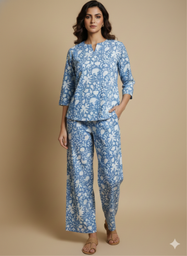 Blue Handblock Printed Cotton Co-ord Set