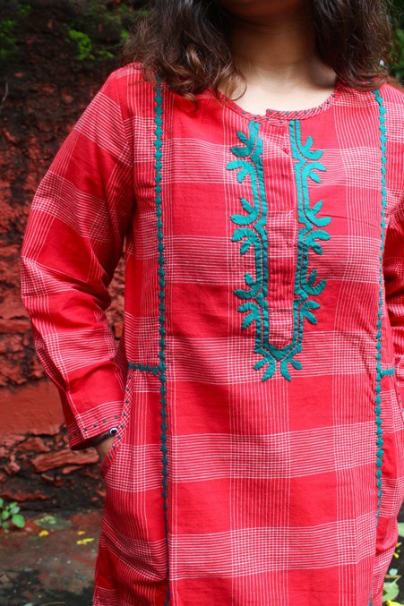 Red Hand Embroidered Cotton Kurta with Teal Green Applique