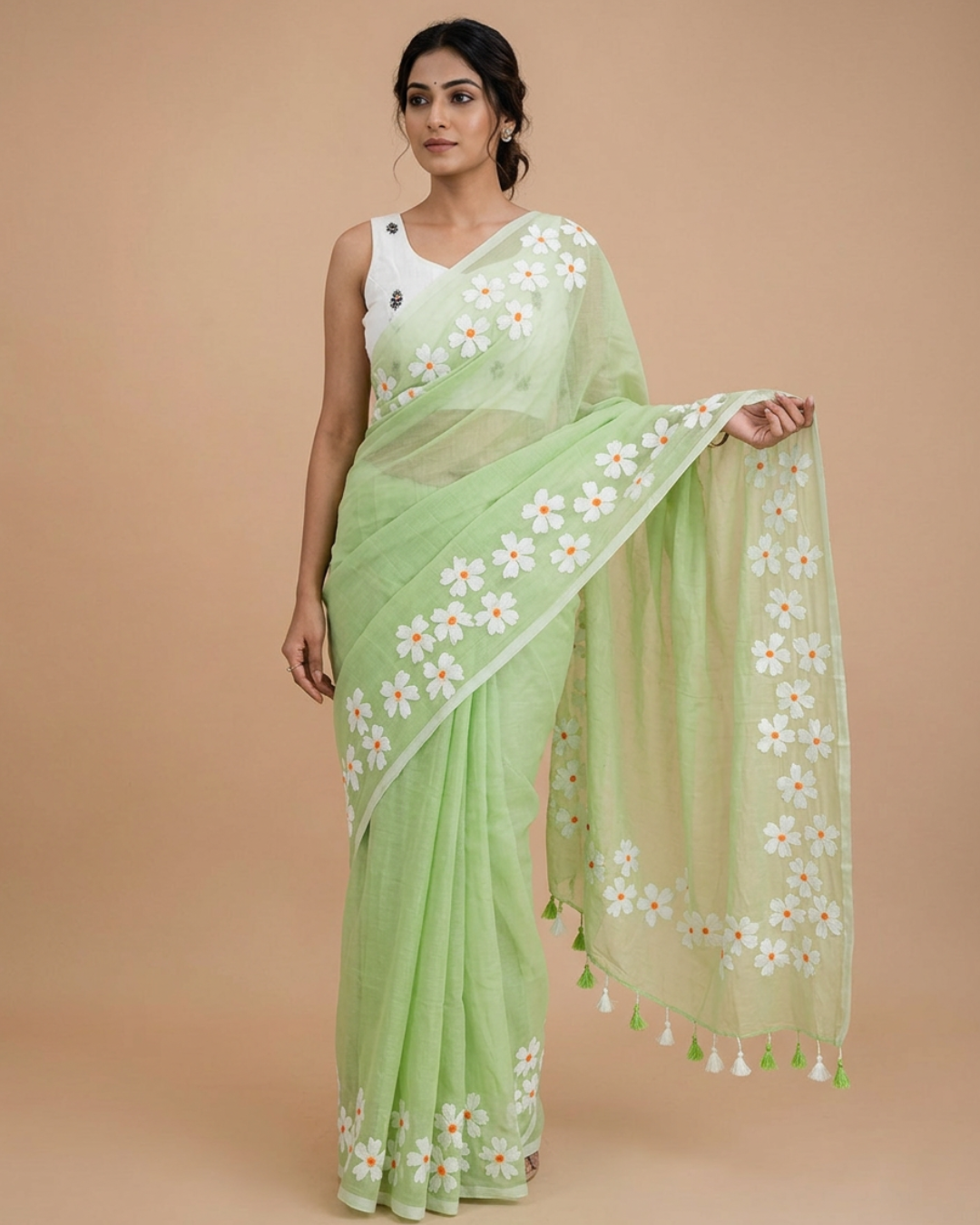 Small Daisy Flower Border Hand Painted Mul Cotton Saree - Without Blouse