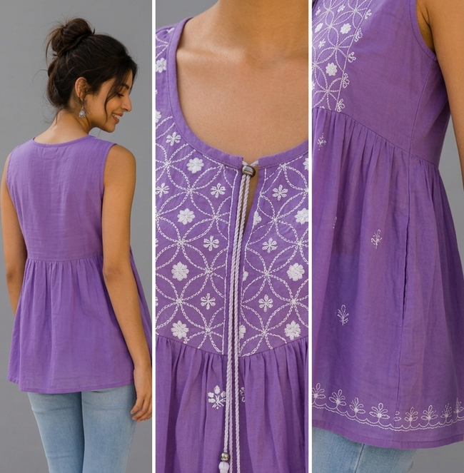 Purple Floral Chikankari Hand Embroidered Mul Cotton Top