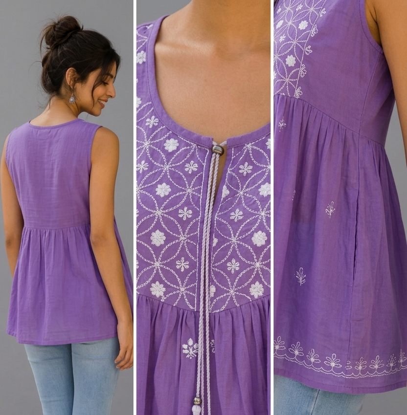 Purple Floral Chikankari Hand Embroidered Mul Cotton Top