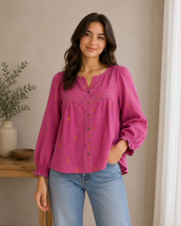 Pink Hand Embroidered Cotton Top