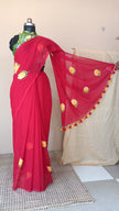 Red Hand Painting H.L. Pure Mul Cotton Saree